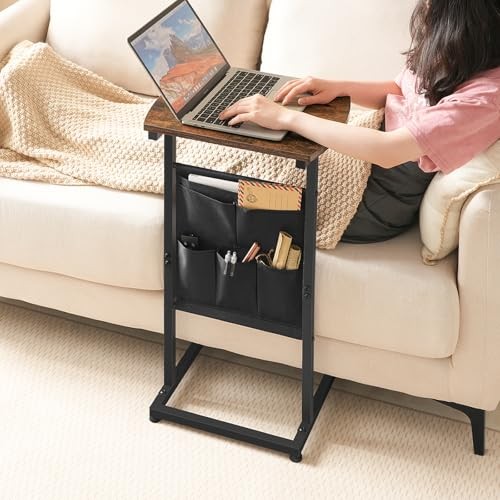 C Shaped End Table with Storage Bag, 28.3" Tall Small 1 Rustic Brown + Black