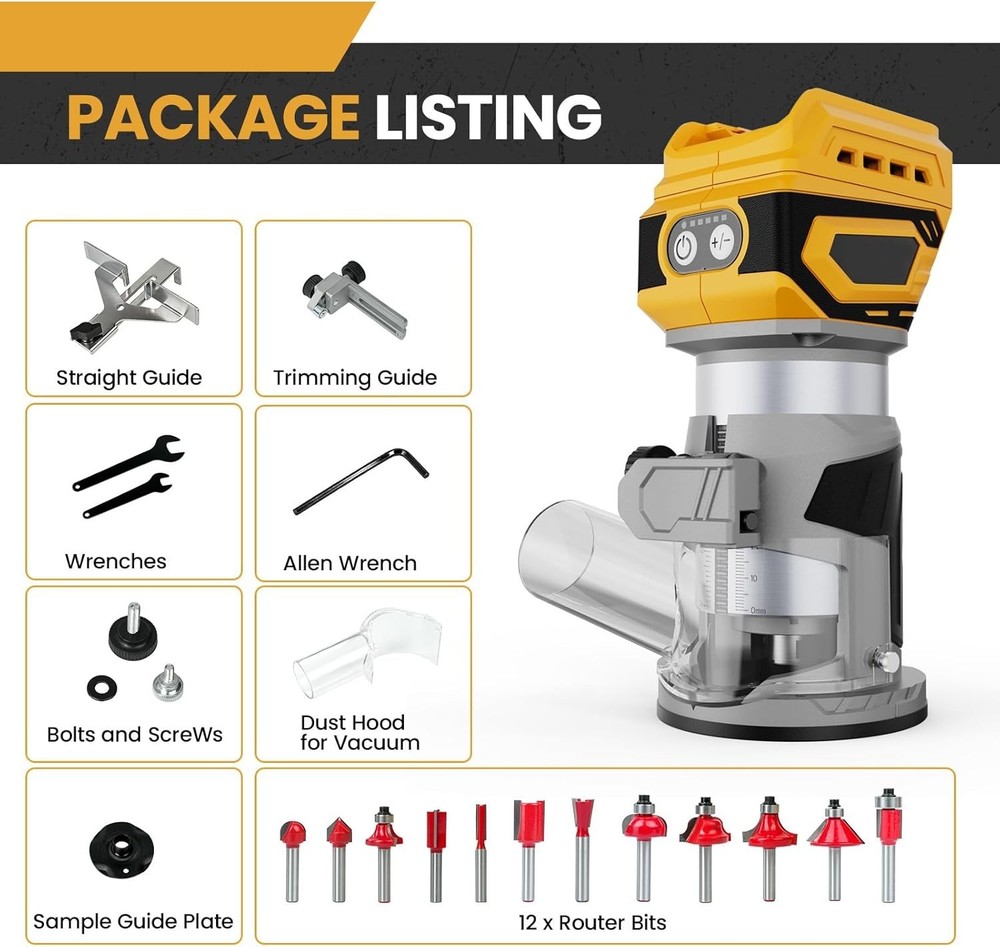 Cordless Compact Router with 5 Speed Settings & 12 Router Bits for Woodworking