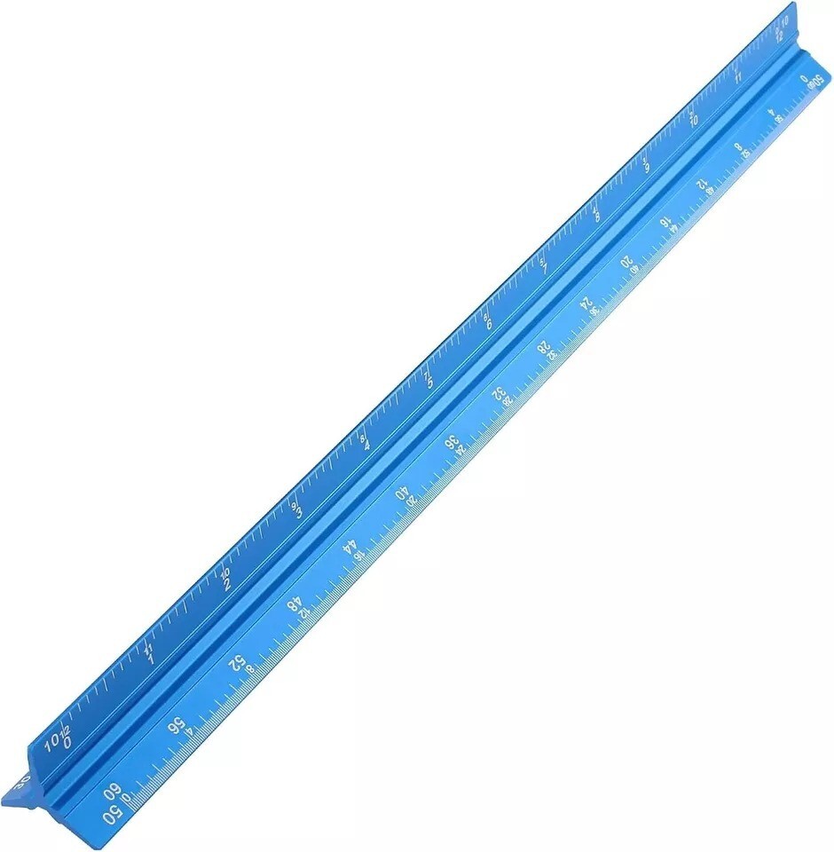 Engineer Scale Ruler 12 Inch Aluminum Laser-Etched Triangular Drafting Tool Blue