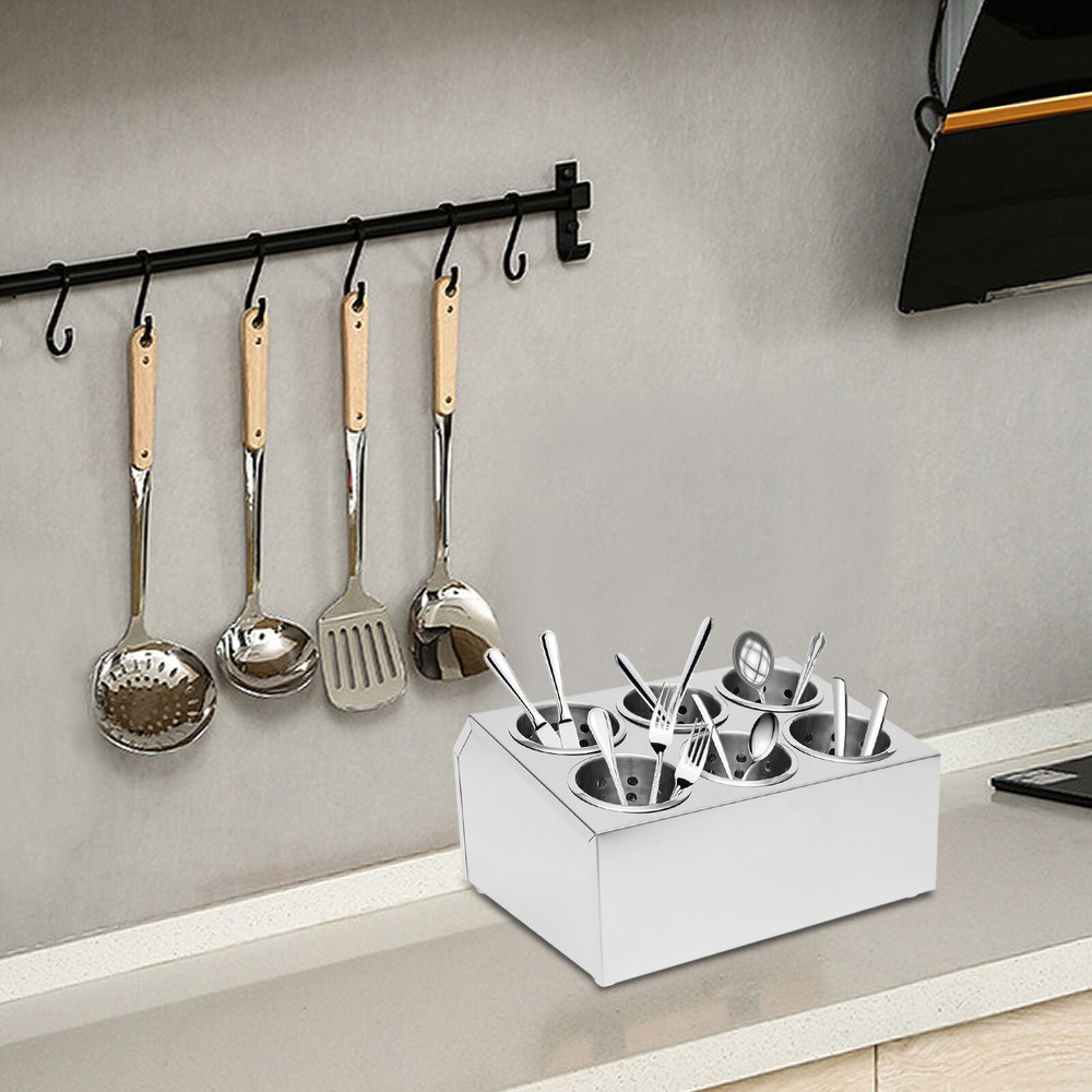 6-Hole Stainless Flatware Storage Case Spoon Cylinder Holder Knife Container