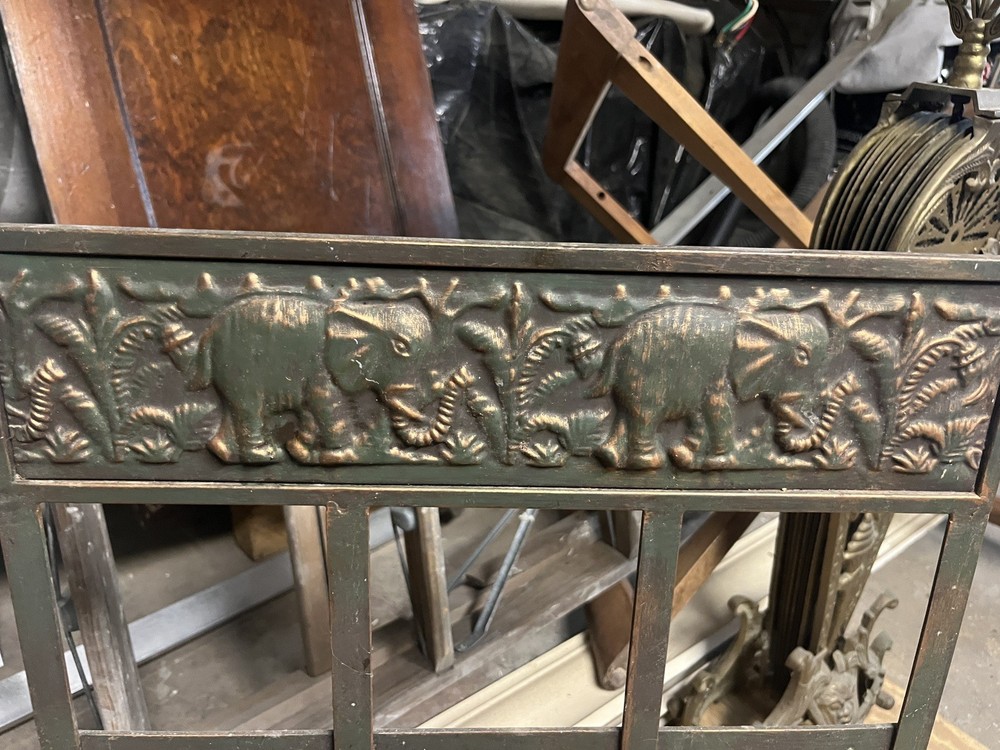 Antique embossed copper fireplace screen elephants,tools, Peacock