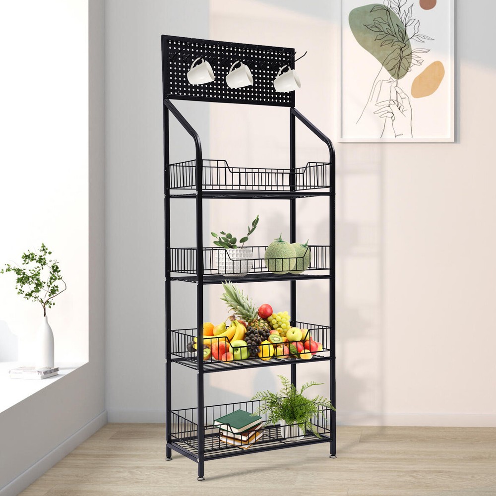Kitchen Baker's Rack 4 Tier Rolling Metal Storage Shelf Black 55" Height+Wheels
