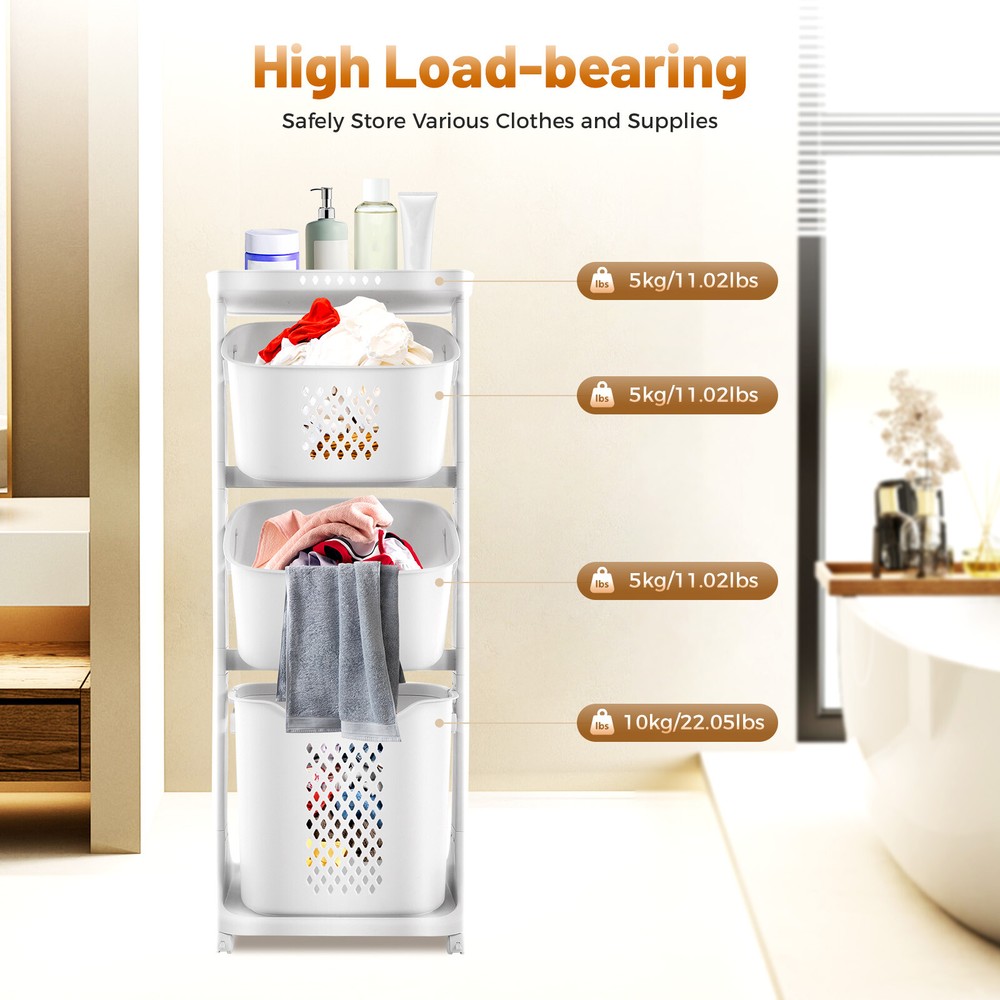 3 Layers Rolling Laundry Basket Clothes Hamper Storage Organizer Sorter Shelf