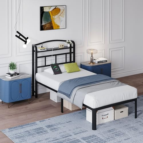 14 Inch Metal Bed Frame - Twin Size Black Heavy Duty Bedframe Platform Basic