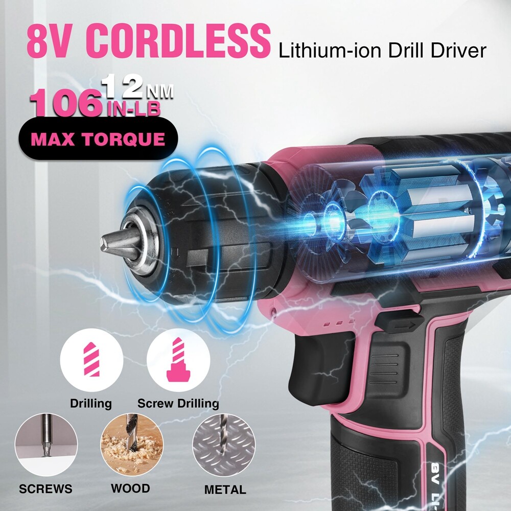 WORKPRO 8V Pink Cordless Drill Driver 43PCS Tool Set Lithium-ion Power Drill Bit