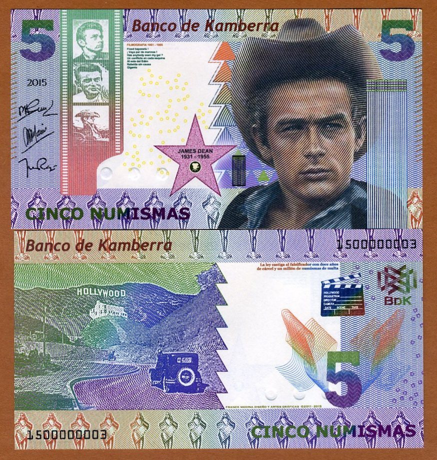 Kamberra, 5 Numismas, 2015, UNC James Dean New Security Features