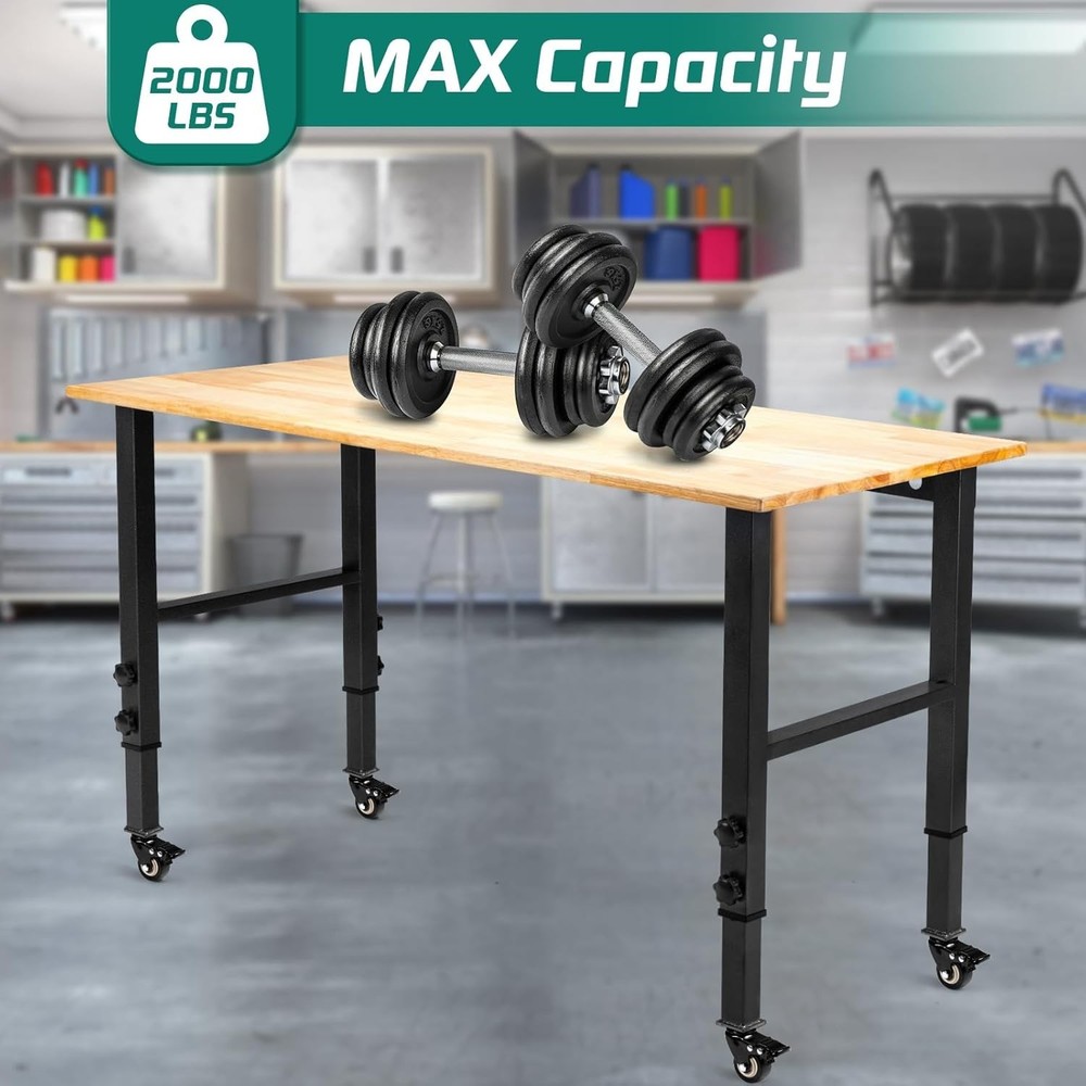 48" Adjustable Height Heavy-Duty Workbench - 2000 lbs Capacity & Lockable Wheels