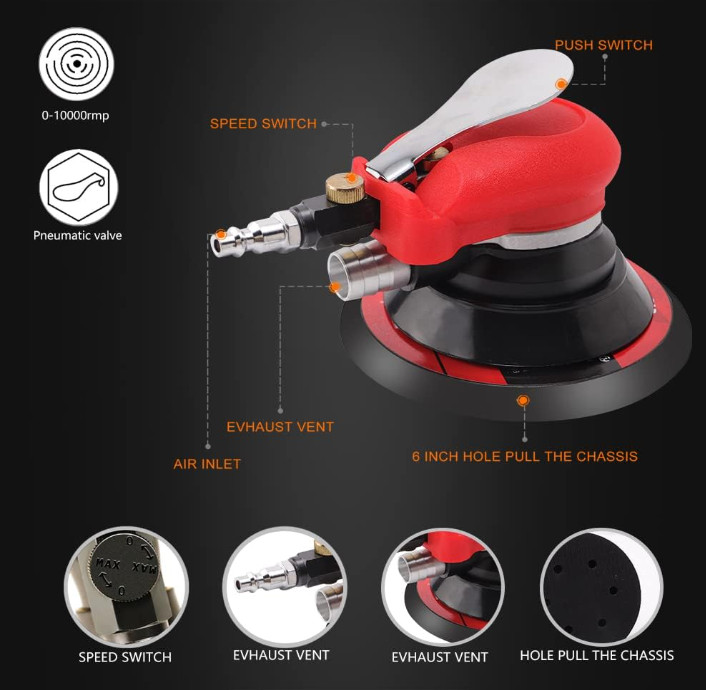Random Orbital Sander 5" & 6" Pneumatic Palm Sander with Extra 5" Backing Plate