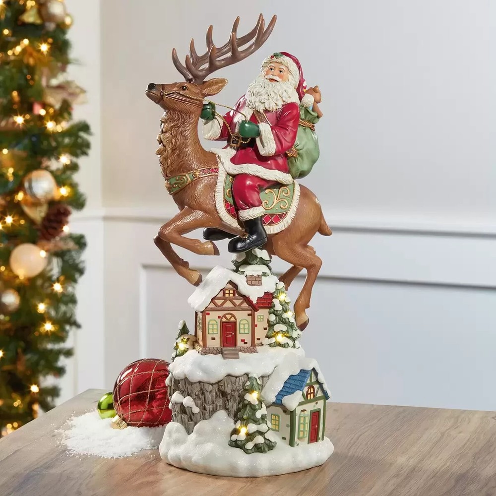 20" TABLETOP SANTA ON FLYING REINDEER W/ LED LIGHTS 2006061 *DISTRESSED PKG