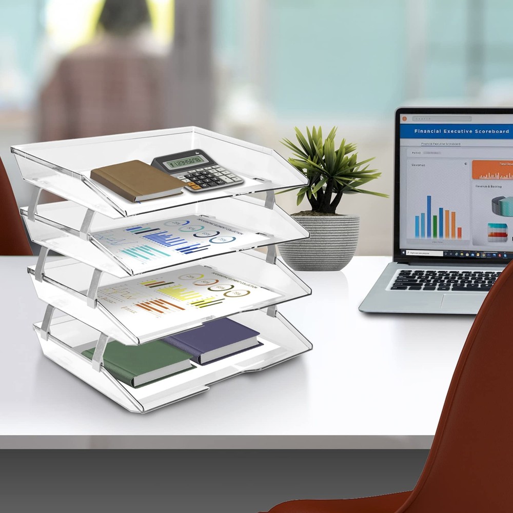 Facility 4 Tier Letter Tray Side Load A4 Clear Crystal Desktop Organizer