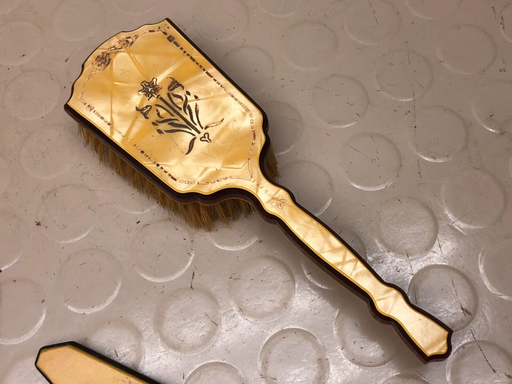 Vintage Gold Marble Bakelite Vanity Set Mirror Brush Hook