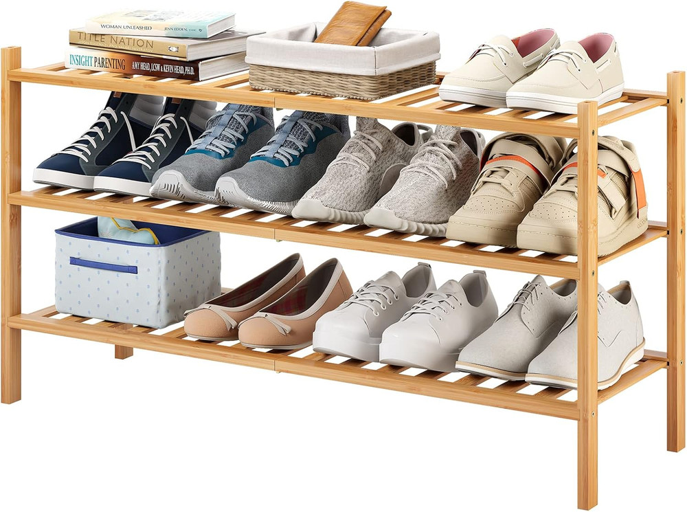 Long Shoe Rack, 3-Tier Bamboo Stackable Shoe Shelf Storage Organizer, Shoe Stand