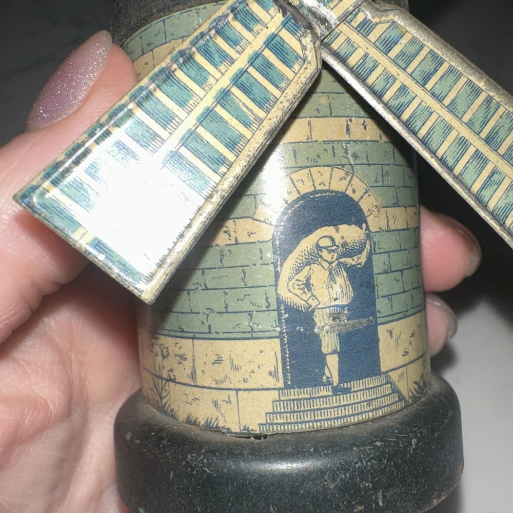 Antique tin windmill Blue And Cream pull toy Rare HTF