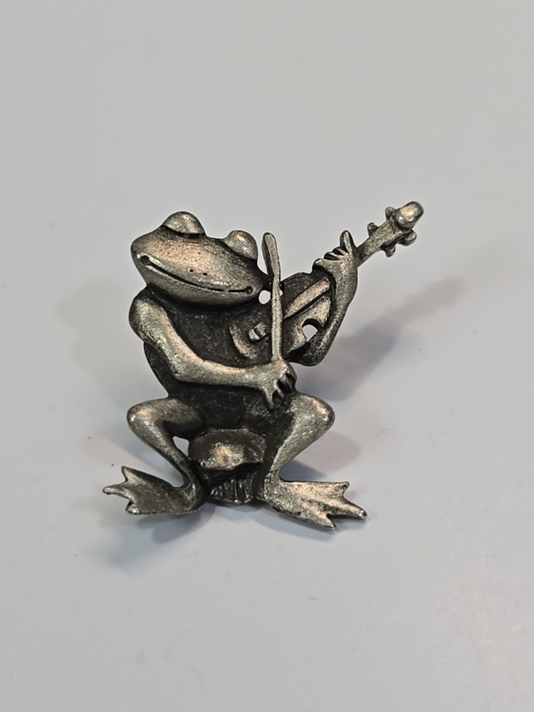 JJ Jonette Lapel Pin Frog Playing Violin Silver Color Metal