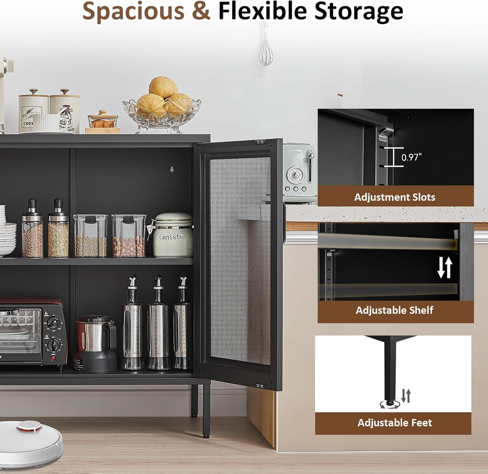 Modern Industrial Buffet Cabinet with Adjustable Shelves - Black Sideboard