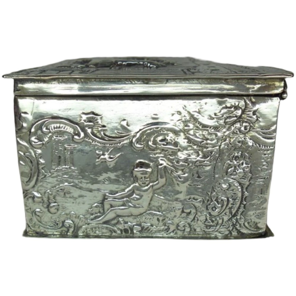 German Solid Silver c1900 Table Box Gambling & Cherub Scenes (F1792)