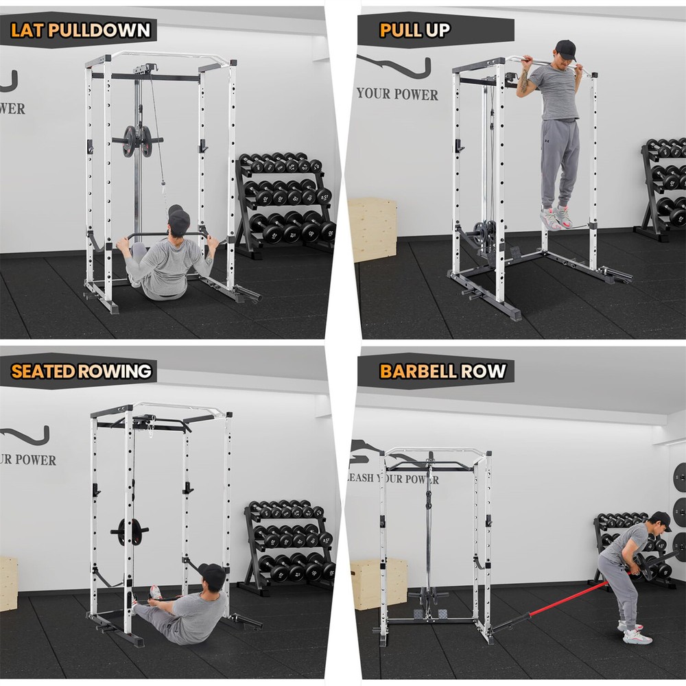 Power Cage W/LAT Pulldown Multi-Functional Power Rack W/Cable Pulley System