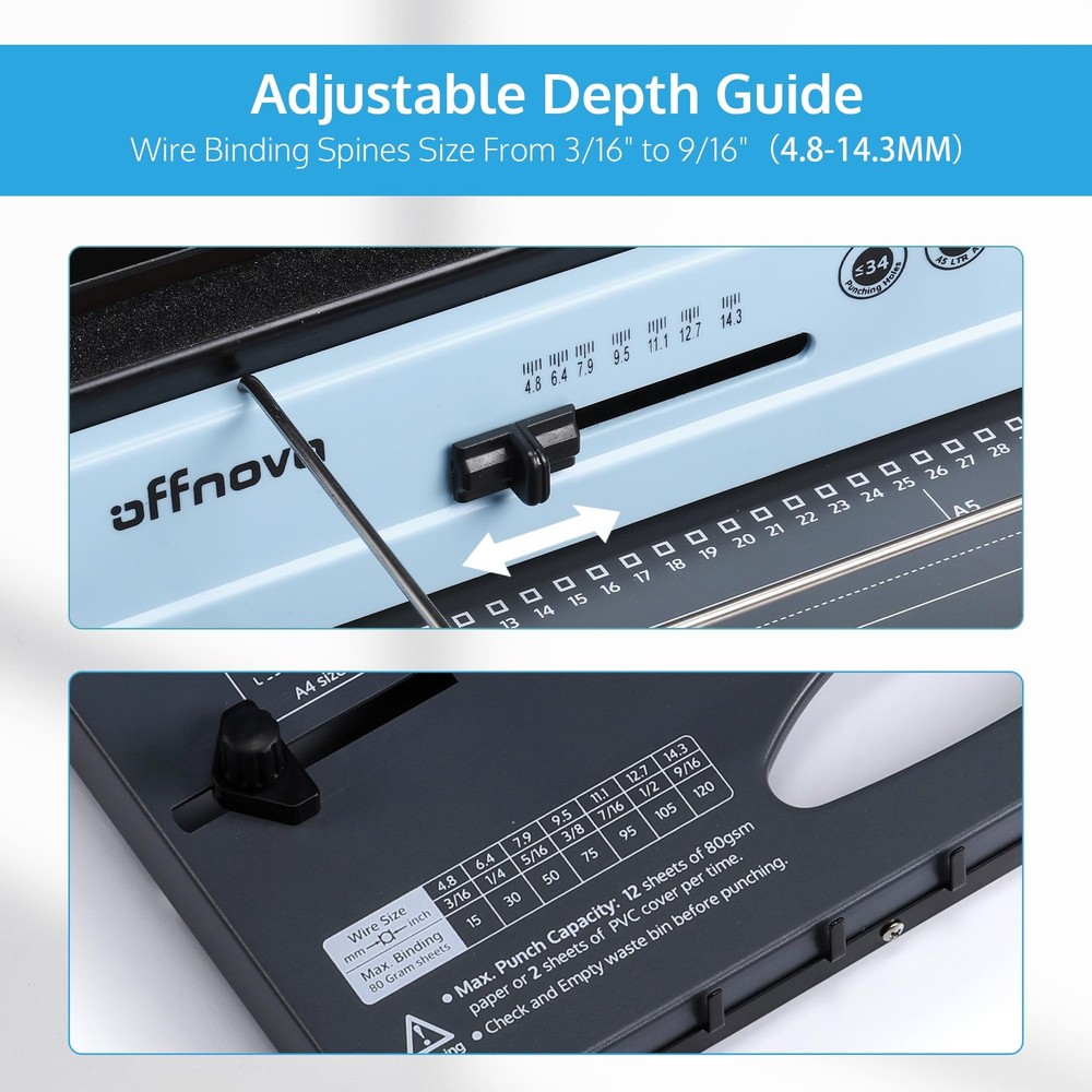 Wire Binding Machine, Punch 12 Sheets, 34-Square Hole Punch, Bind 120 Sheets ...