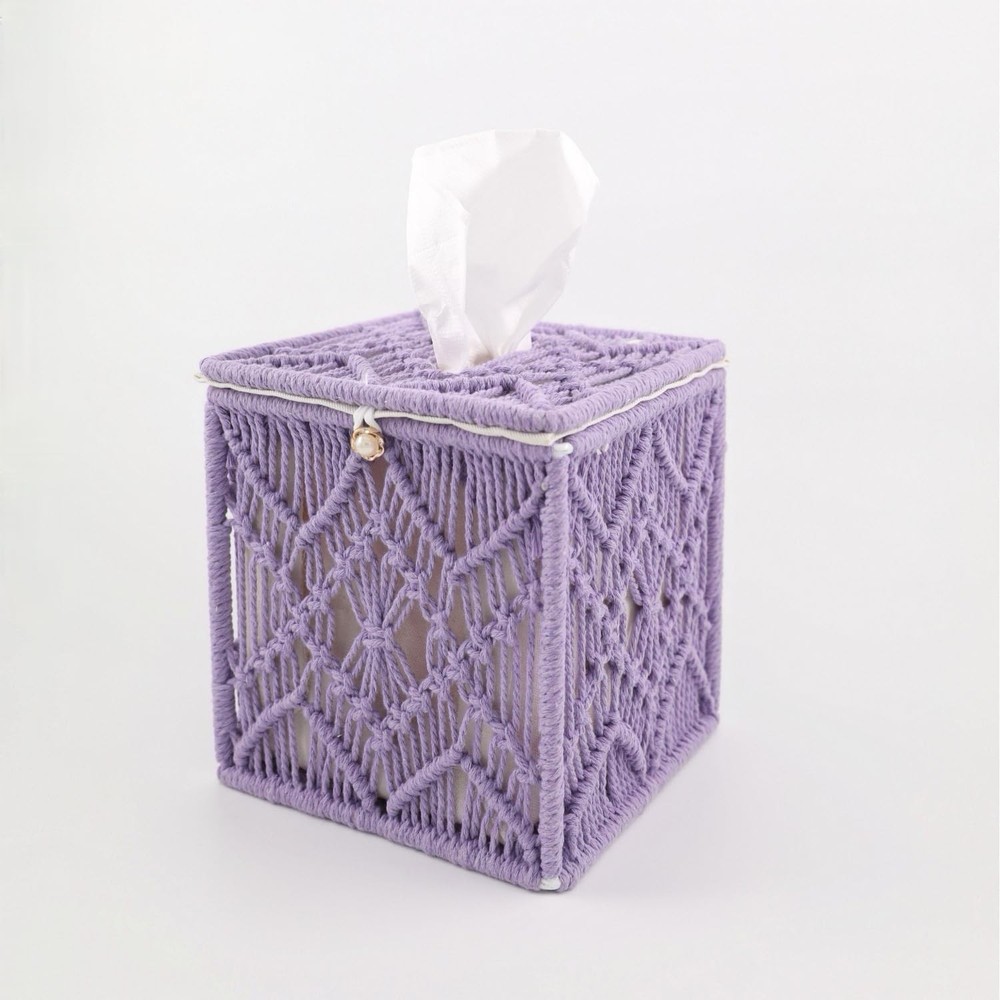 Macrame Tissue Box Cover Square Shape, Braided Rope Boho Style Tissue Purple
