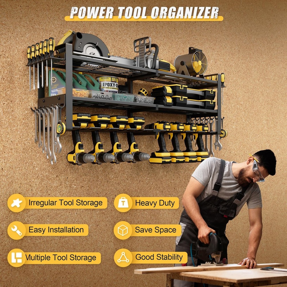Power Tool Organizer Wall Mount, 3-Tier Tool Storage Rack with 8 Drill Holder...
