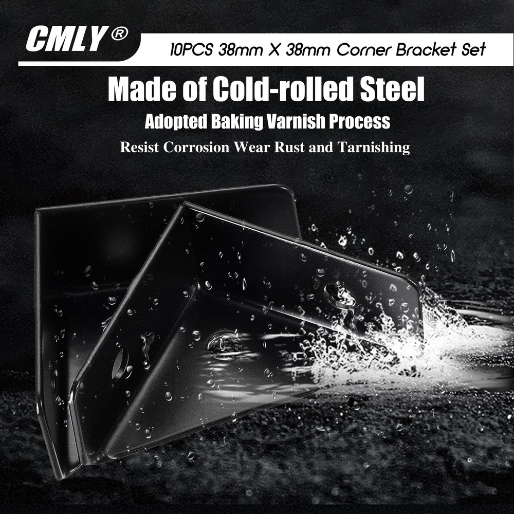 CMLY Corner Brackets, 10Pcs 38mm x 38mm, Black Steel, Triangle Medium,