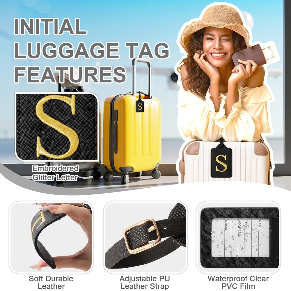 Personalized Initial Luggage Tags for Suitcase TSA Approved, Black Leather Cu...