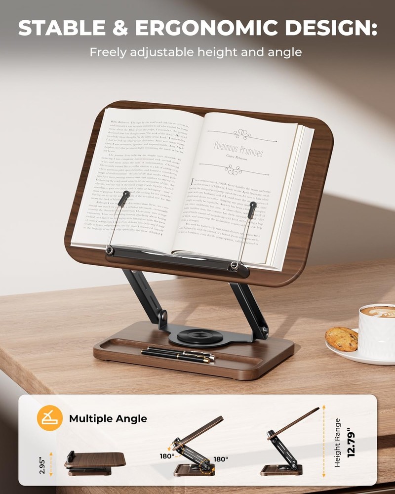 Adjustable Book Stand & Book Holder with 360° Rotation, Height Adjustable Rea...