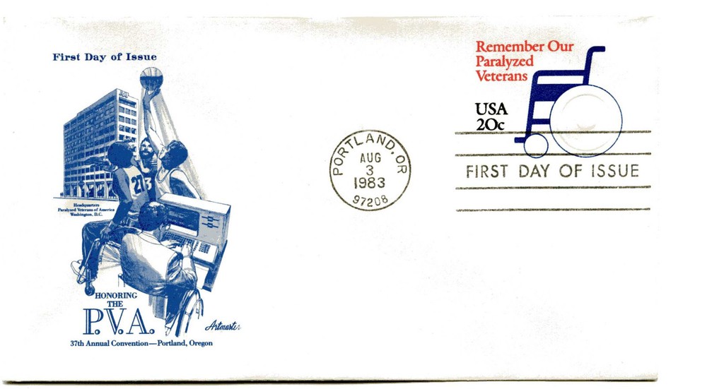 U605 20c Paralyzed Veterans embossed envelope,  Artmaster, FDC