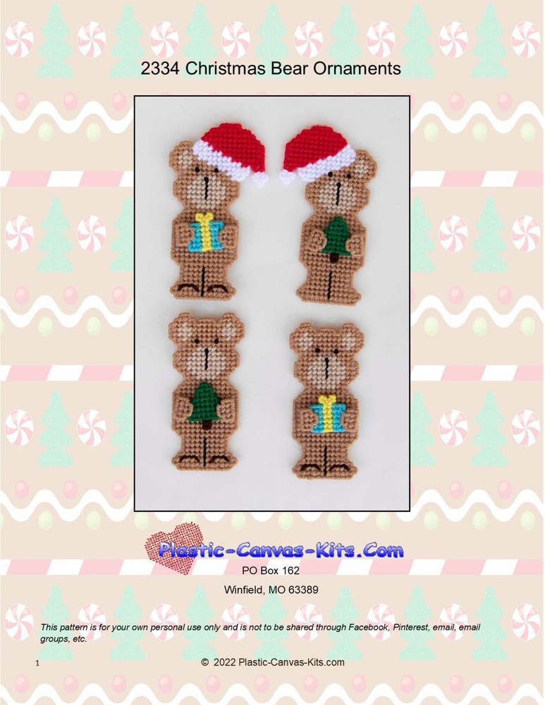 Christmas Bear Ornaments- Plastic Canvas Pattern or Kit