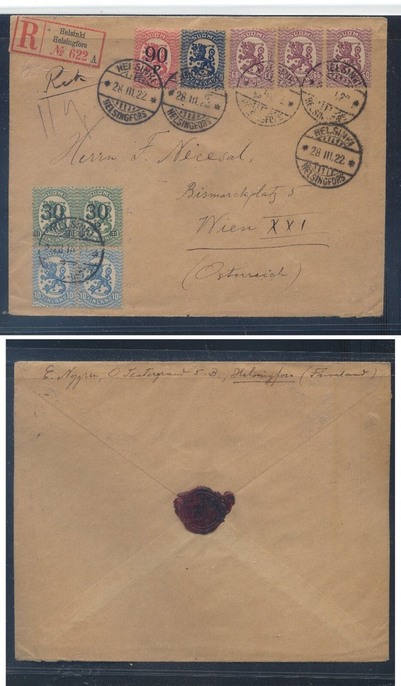 Finland   large  censor  to  Austria   1922