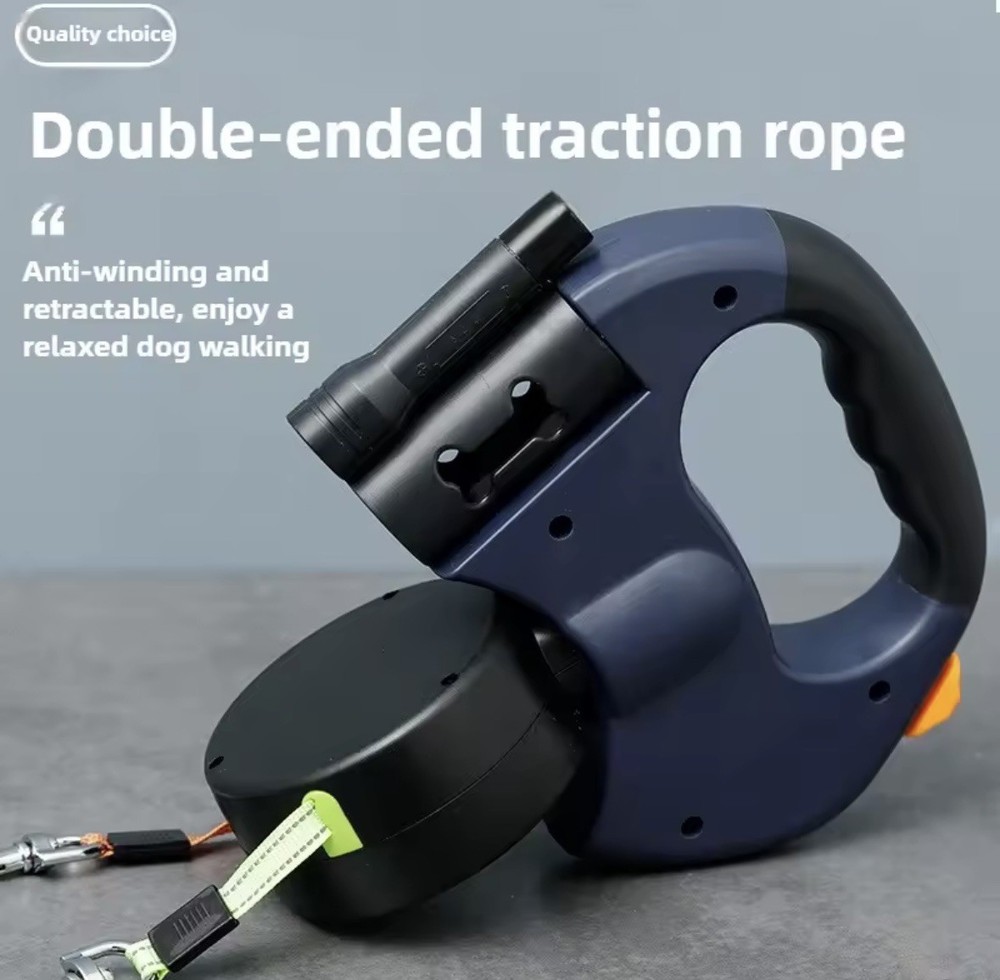 Automatic Retractable Two-End Leash With Flashlight Two Easy To Walk Your Dog