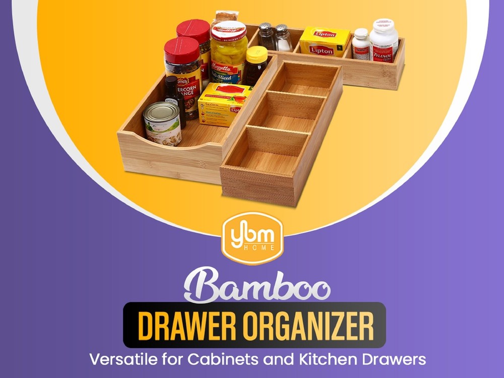 YBM Home 3-Compartment Bamboo Drawer Organizer Box Multi-Use Storage for Junk...
