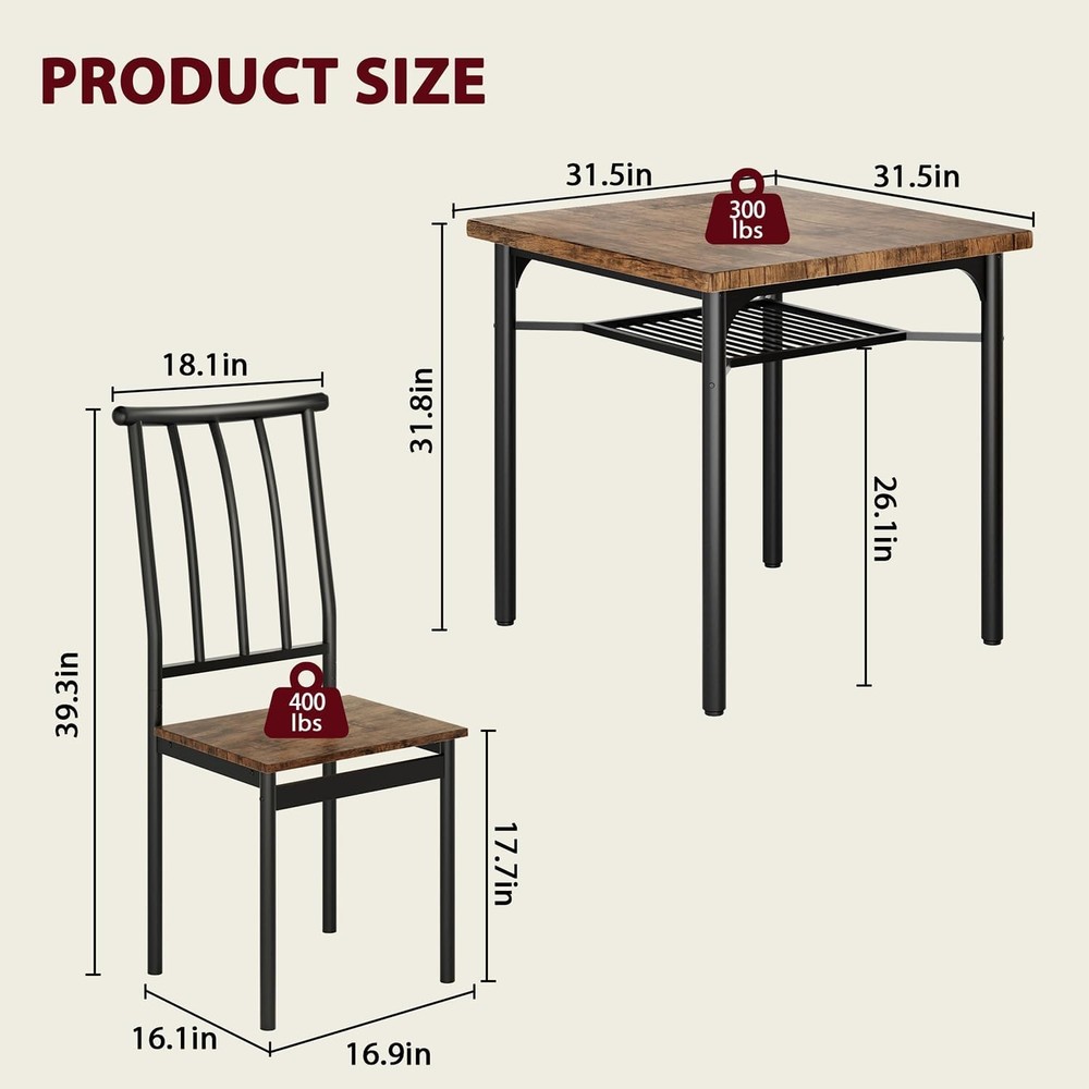 Dining Table Set for 2,3-Piece Kitchen Set w 2 Chairs&Wine Rack for Small Spaces