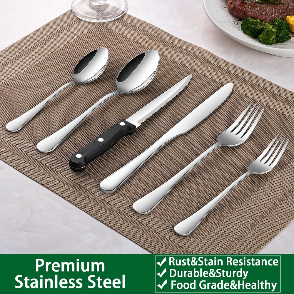 24-Piece Silverware Set with Steak Knives,Flatware Set Service for 4 Person, Foo