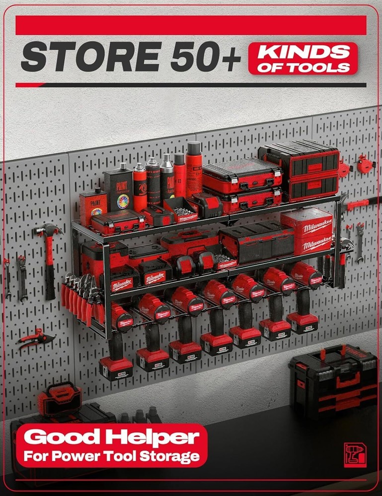 Power Tool Organizer Garage Organization with 7 Drill Holders Storage Wall Mount
