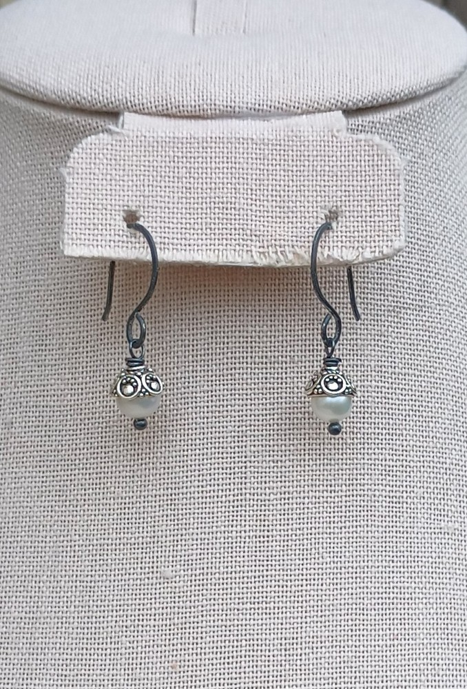 Artisan Blackened Sterling Silver & Pearl Earrings, NEW
