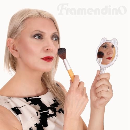 Cat Ear Shaped Bling Metal Handheld Mirror with Handle for Makeup White