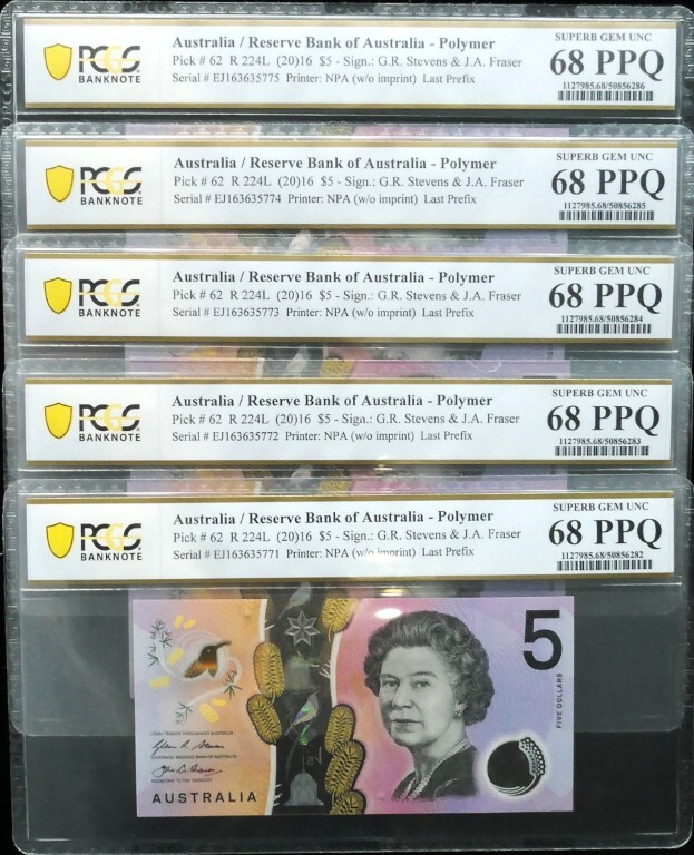5 x Consecutives 2016 Last Prefix EJ16 $5 Notes PCGS SUPERB GEM UNC 68 PPQ #6282