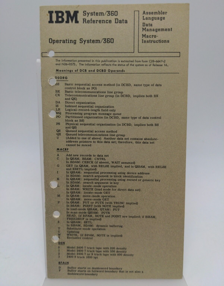 IBM System/360 Command Language Reference Data Booklet 1970s Vintage System360