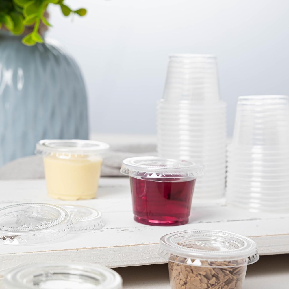 100Pack 1oz Disposable Plastic Portion Cups with Lids, Small Mini Sauce