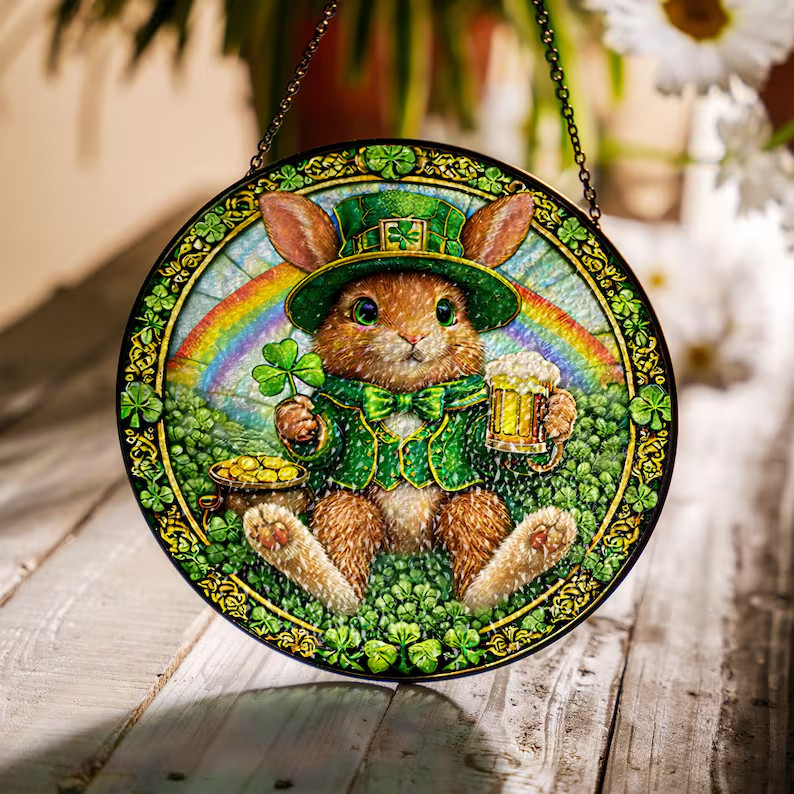 St Patrick Bunny Stained Glass Suncatcher Cute Spring Window Decor