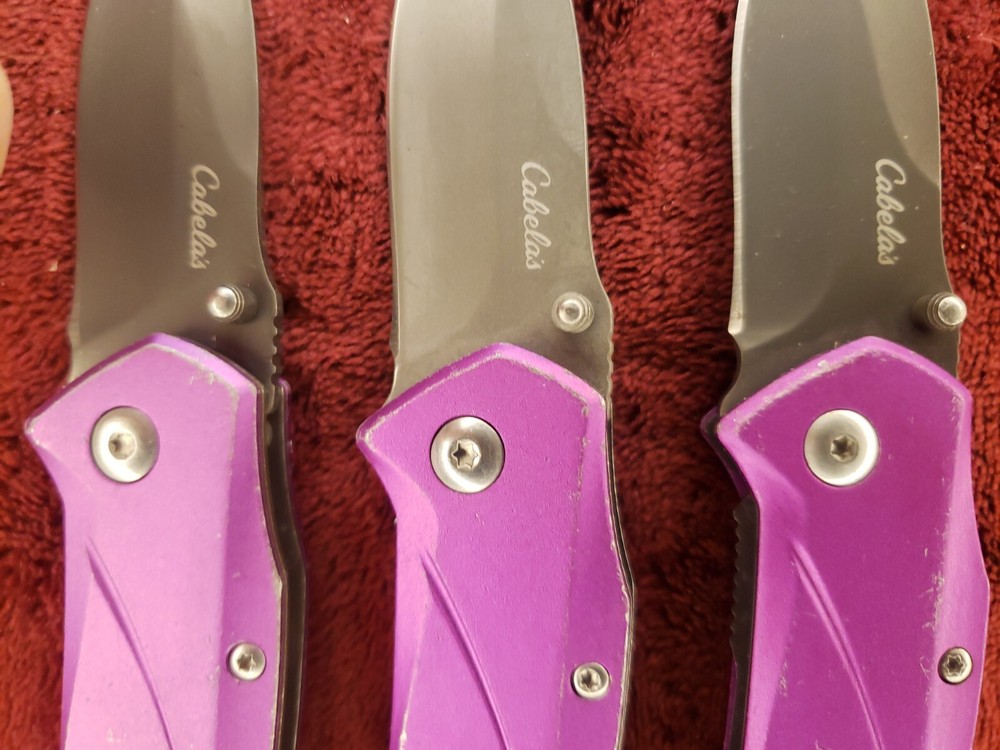 Lot 3 Cabela's Plain Edge Liner Lock Aluminum Scale Folding Purple