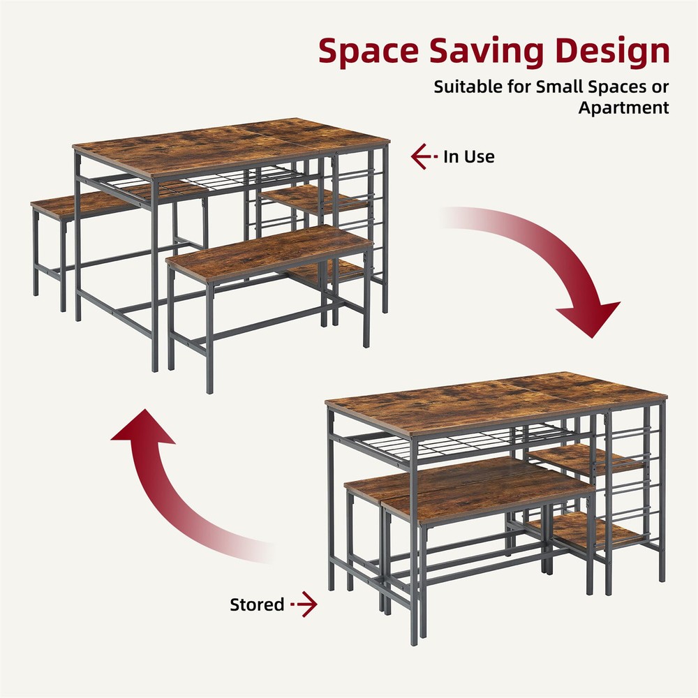 3 Piece Dining Table Set for 4 Kitchen Table Set for 4 with 2 Benches Wine Rack