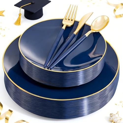 150PCS Plastic Plates - Gold Plastic Silverware with Handle - Round Style Blue