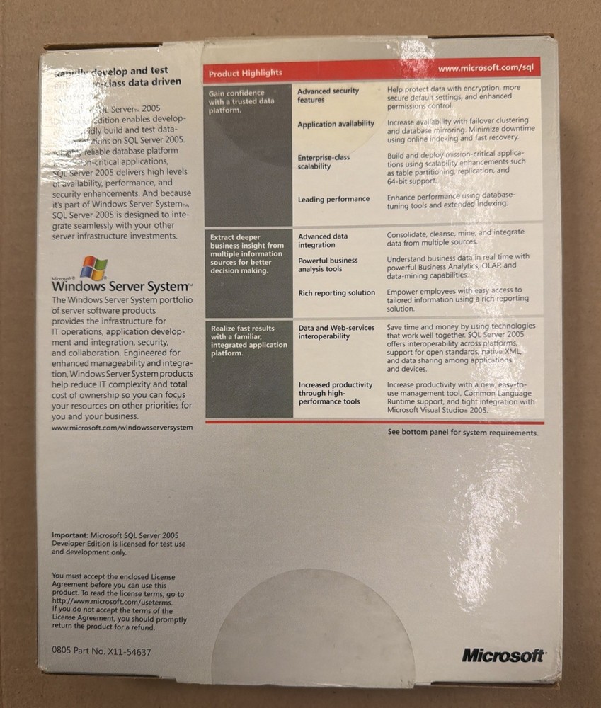 Microsoft SQL Server 2005 Developer Edition_Server System. Factory Sealed