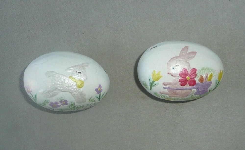 Vintage 1971 Ceramic Easter Egg Bunny Pulling Cart & Lamb set of 2