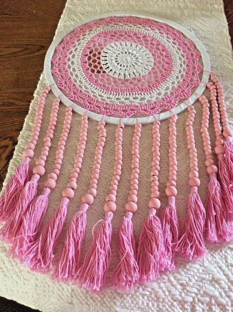 Wall Decor Large Dreamcatcher Pink & White With Beads   Beautiful