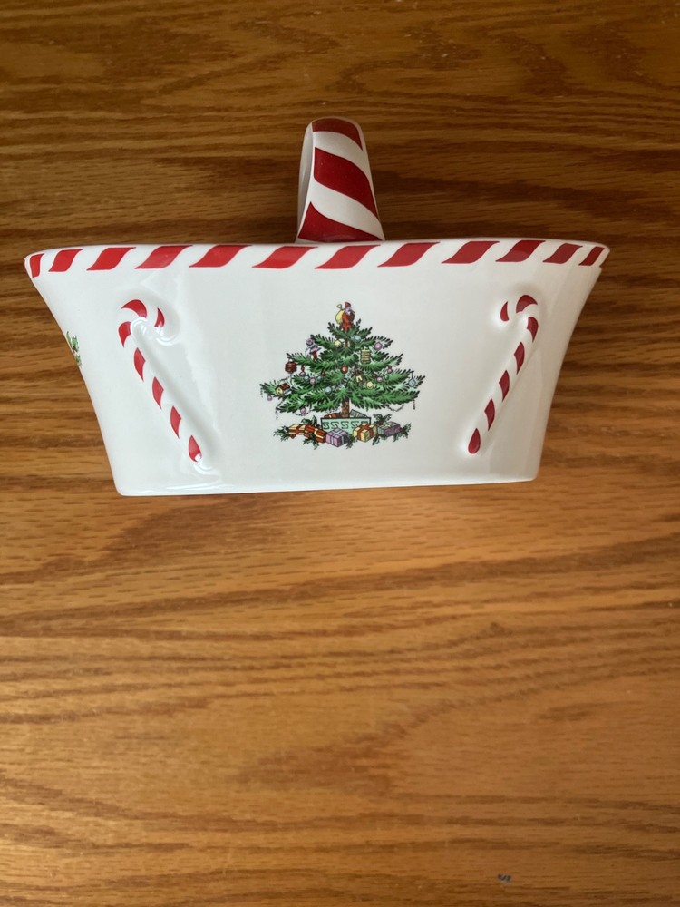 Spode Christmas Tree Peppermint Handle Basket Candy Dish 6.5" MINT IN BOX WOW