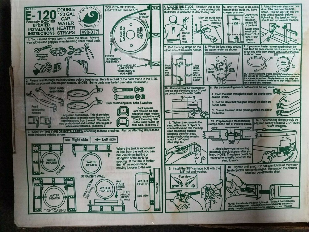 Double Hot Water Heater Safety Straps Watts E-120 Adjustable to 120 Gallon Size