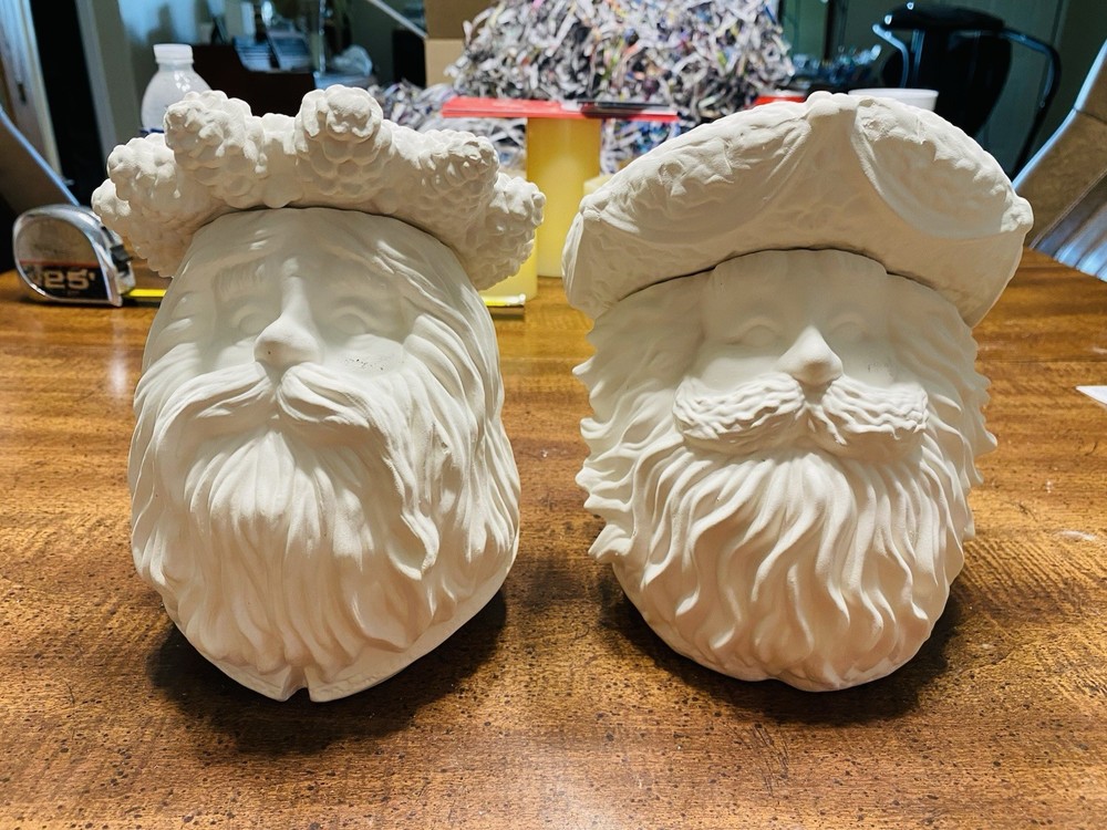 2 Gare Santa Head Jars Ceramic Bisque